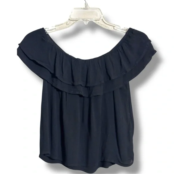One Clothing Off The Shoulder Ruffled Neck and Sleeves Black Lightweight Top - Picture 16 of 16